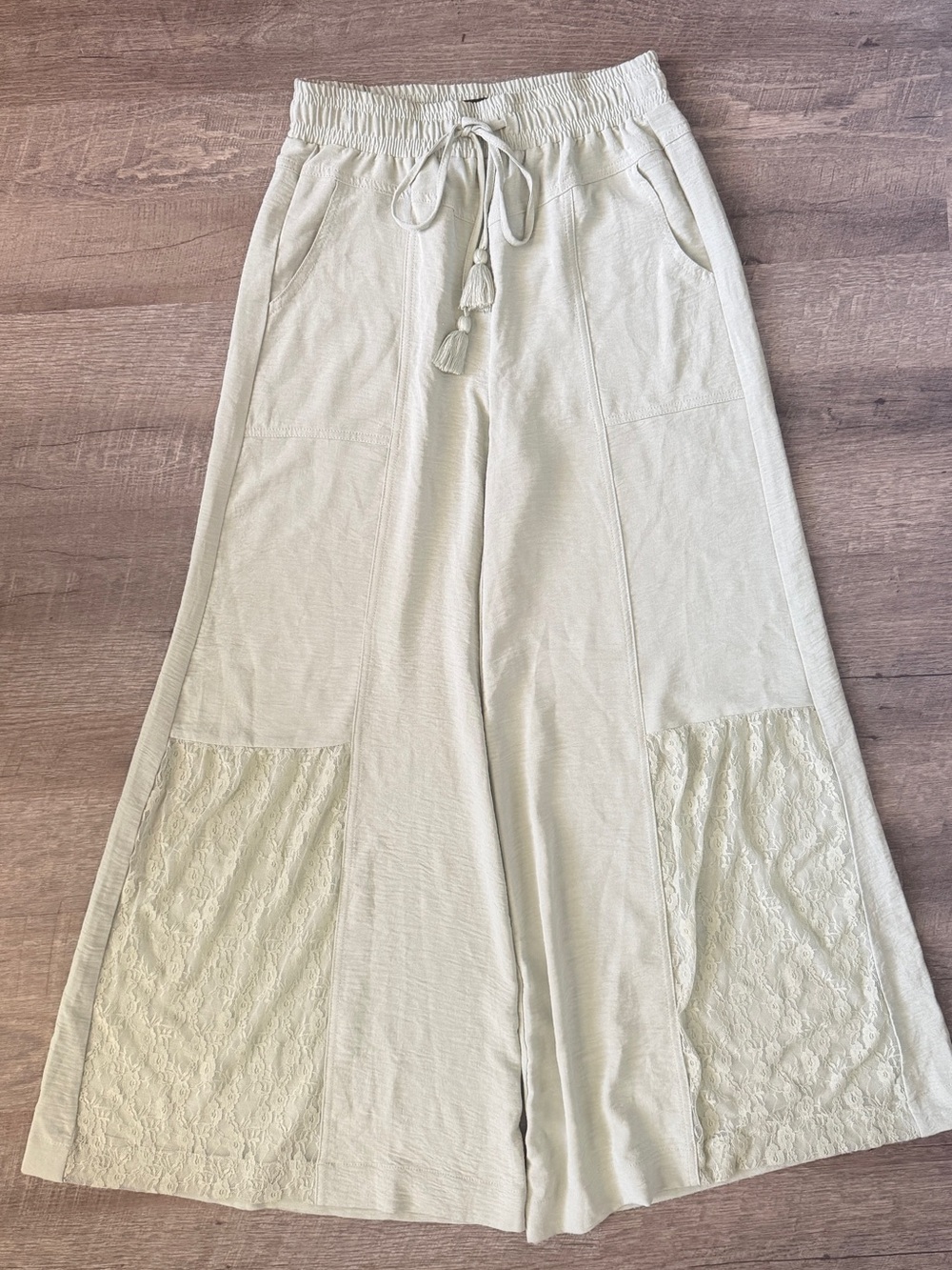 Rewash Sage Green Wide-Leg Pants - Lace Detail